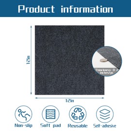 Carpet Tiles Peel and Stick, Self Adhesive Carpet Floor Tile 10 Tiles/10 sq Ft Anti-Slip Squares Soft Padded Carpet Tiles for Kitchen Bedrooms Indoor Outdoor（12" x 12"）
