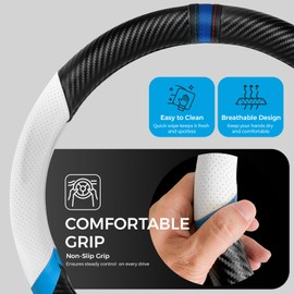 Carbon Fiber Steering Wheel Cover, Non-Slip and Sweat Absorbent, 15" Steering Wheel Covers for X5 X3 Men Women, Black (White&Black Sport Edition)