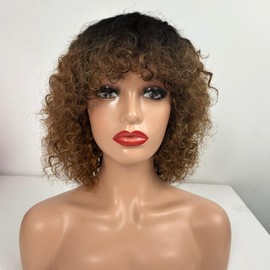 Queenset Ombre Short Curly Human Hair Wigs with Bangs Glueless Wigs for Black Women Wear and Go Ombre Blonde None Lace Front Wigs Human Hair Brazilian Deep Wave Curly Wigs with Bangs #1B/30