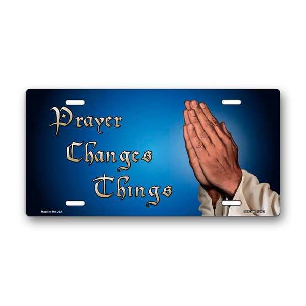 Prayer Changes Things Praying Hands on Blue Offset License Plate