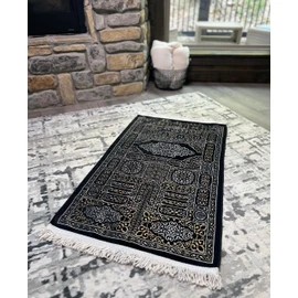 Modefa Turkish Islamic Prayer Mat Muslim Prayer Rug Islam Men Women Chenille with Praying Cap, Beads | Full Kaba Door Swirl Intricate Design (Black)