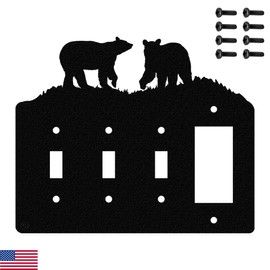 Bear Triple Toggle Light Switch & Single Gang (Rocker-GFCI) Wall Plate (Triple Toggle with GFCI (Rocker), Black) - MADE IN USA