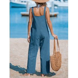 CUPSHE Women's Jumpsuit Scoop Neck Sleeveless Wide Leg Long Playsuit with Pockets Casual Loose Overalls Trouser Suit, blue, M