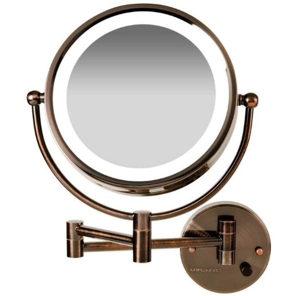 OVENTE 8.5'' Hardwired Lighted Wall Mount Makeup Mirror, 1X & 7X Magnifier w/ Dimmer Switch, Spinning Double Sided Round White LED, Extend & Fold, Retractable Arm, Antique Brass MPWD3185AB1X7X
