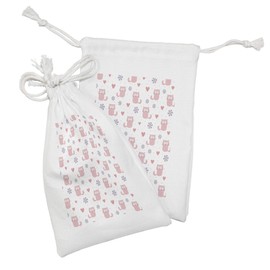 Ambesonne Pastel Fabric Pouch Set of 2, Childish Theme Cats Hearts and Flowers with Dots and Soft Pattern Print, Small Drawstring Bag for Toiletries Masks and Favors, 9" x 6", Pastel Pink and Blush