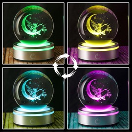 Goutangen 80mm Crystal Ball Moon Fairy Decor Light, Fairy Gifts for Women Girls Fairy Lovers, 3D Laser Engraved Glass Sphere Fairy Figurine for Adults on Birthday Christmas