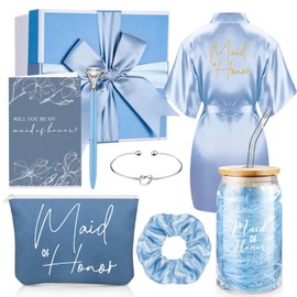 Irenare 8 Pcs Proposal Gifts Set Robes Makeup Bag Cup Cards Hair Tie Bracelet Diamond Pen Bridesmaid Gift Box (Blue,Maid of Honor)