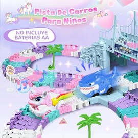 194PCS Unicornio Pista De Carros para Niños, Juguetes para Niña, con Coches de Unicornio, Juguete de Pistas de Coches, DIY Pista de Carros, Cumpleaños