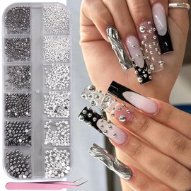 Fcozpjk Black Silver Caviar Nail Beads, Half Round Flatback Pearl Nail Charms Metal Mixed Size Nail Pearls Rhinestones Kit Silver Balls for Nails with Tweezers for DIY Face Makeup and Craft