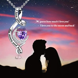 Distance I Love You to The Moon and Back Necklace 925 Sterling Silver Birthstone Heart Pendant Necklace Birthday Jewelry Gifts for Women Wife Mom-Purple