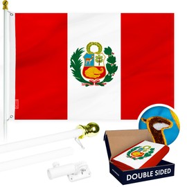 Flag Pole 6Ft White & Peru Peruvian Flag 3x5FT Double Sided Embroidered By G128