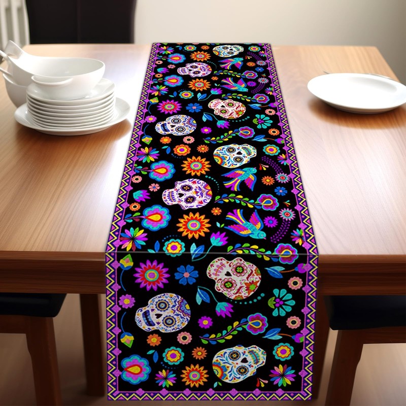 Mexican Fiesta Table Runner Fifth of May Sugar Skull Linen