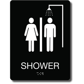 NapTags - ADA Compliant Shower Sign With Braille (8" X 6", Black Sign), Indoor, Easy Installation