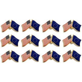 Box of 12 European Union & US Crossed Flag Lapel Pins, EU & American Double Friendship Tie & Hat Pin Badges