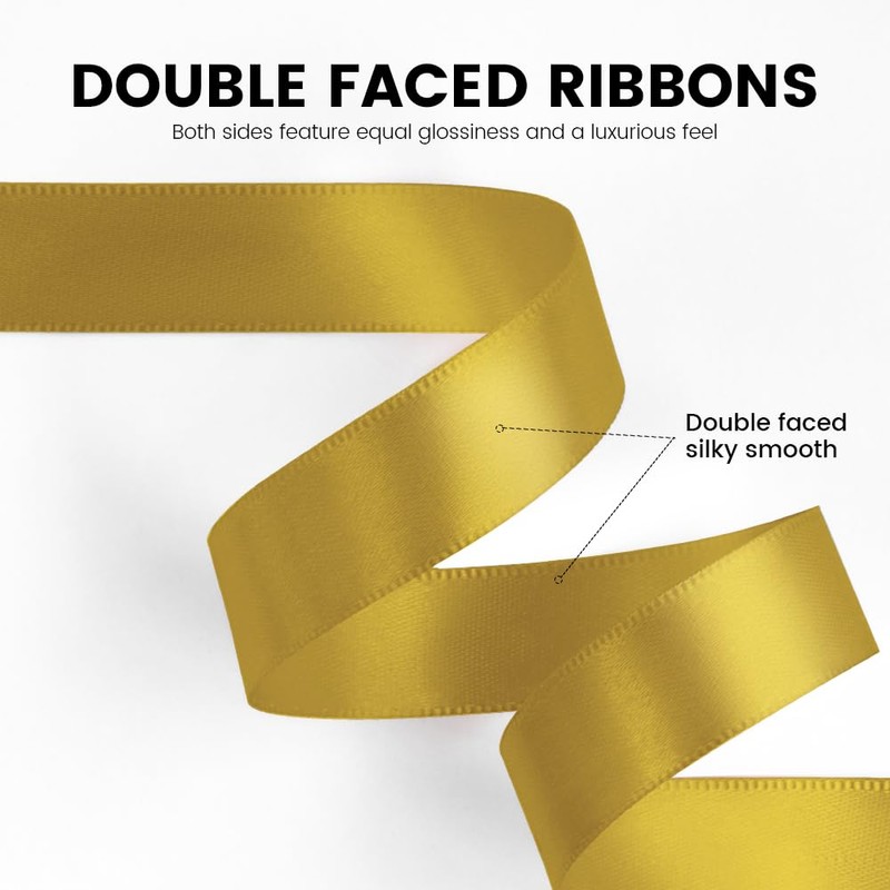 Double Faced Gold Ribbon 50 Yards, 5/8 inch Polyester Gold