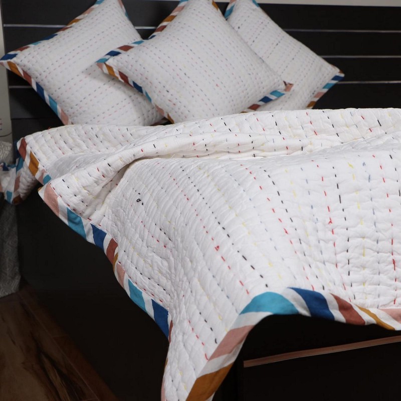 Traditional Jaipur White Cotton Kantha Work Quilt with Multi Colour