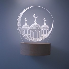 3D Led Islamic Night Light Ramadan Lamp for Home & Office Desk - Eid Mubarak & Ramadan Light Decorations Gift for Muslims, USB & AA Battey Operated Acrylic Table Lamp (Mosque-White Base)