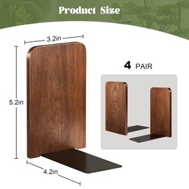 Eaasty 4 Pairs Wooden Bookends for Heavy Books, Walnut Wood Book Holders, Sturdy Non-Skid Book Stops for Shelves and Office Desk, 5.2 x 3.2 x 4.2 Inches