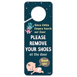 Fun-Plus Please Take Your Shoes Off - Remove Your Shoes Sign - Plastic Door Knob Hanger Sign - Since Little Fingers Touch Our Floor