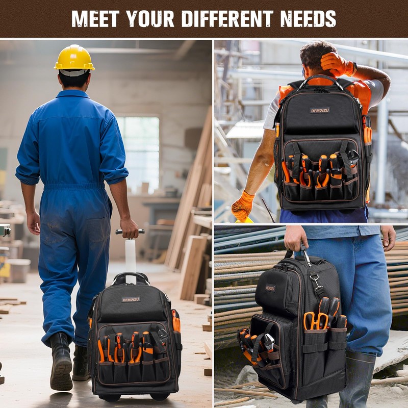 Rolling Tool Backpack Heavy Duty, 43 Pockets Tool Backpack with
