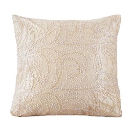 Violet Linen Florance Embellished Beaded Pattern, Polyester, Clear Sequins Embroidered Lace Knitted, Solid Satin Fabric Backing, Gold, 18 Inch x 18 Inch, Square, Decorative Accent Throw Pillow Cover