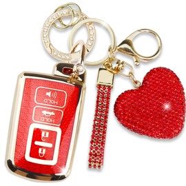 Simocky Key Fob Cover with Heart Keychain, Girly Car Key Shell for Women, Compatible with Toyota Avalon Camry Corolla Highlander RAV4 2012-2019 Smart Remote Key Protector (4 Buttons-Red)