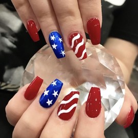 4th of July Press on Nails Medium Coffin Fake Nails with Striped & Star Designs Independence Day False Nails Glossy Glue on Nails Red Full Cover Artificial Stick on Nails for Women 24Pcs
