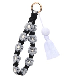 YDEROD Boho Flower Wristlet Keychain with Tassel Handmade Macrame Wrist Lanyard for Women Cute Key Chain Bracelet for Keys, Grey, Large