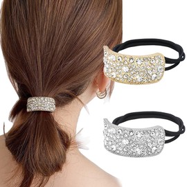 2PCS Rhinestone Hair Ponytail Holder Hair Ties Crystal Ponytail Holder Cuffs Large Elastics Scrunchies Pony Tail Holders Gothic Punk Hair Band Hair Accessories for Women (Gold+Silver)