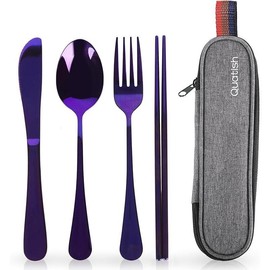 Travel Utensils with Case, Portable Silverware Set for Work, Stainless Steel Reusable Travel Cutlery Set, Fork and Spoon Set for Camping, Picnic, Gadgets, Lunch Box for Men, Black - Color: Purple