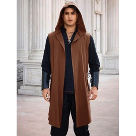 Runcati Mens Renaissance Costume Hooded Surcoat Medieval Knight Sleeveless Tunic Tops Tabard Viking Holloween Cloak Brown