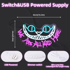 Cheshire Cat Neon Sign for Wall Decor Alice In Wonderland Neon Light We're All Mad Here LED Sings for Bedroom Man Cave Party Bar Background Decoration Birthday Gifts(Dimmable&USB Power)