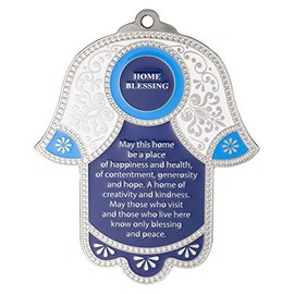 Hamsa Wall Decor Red/Blue Evil Eye Charm Protection Amulet Home/Business Good Luck Charms in English/Hebrew Blessings (Blue/White, English Blessing)