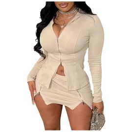 CHEZVOGUE Women's Long Sleeve Zipper Waist-controlled Hoodie Top Short Skirt 2 piece Set, Apricot, Small