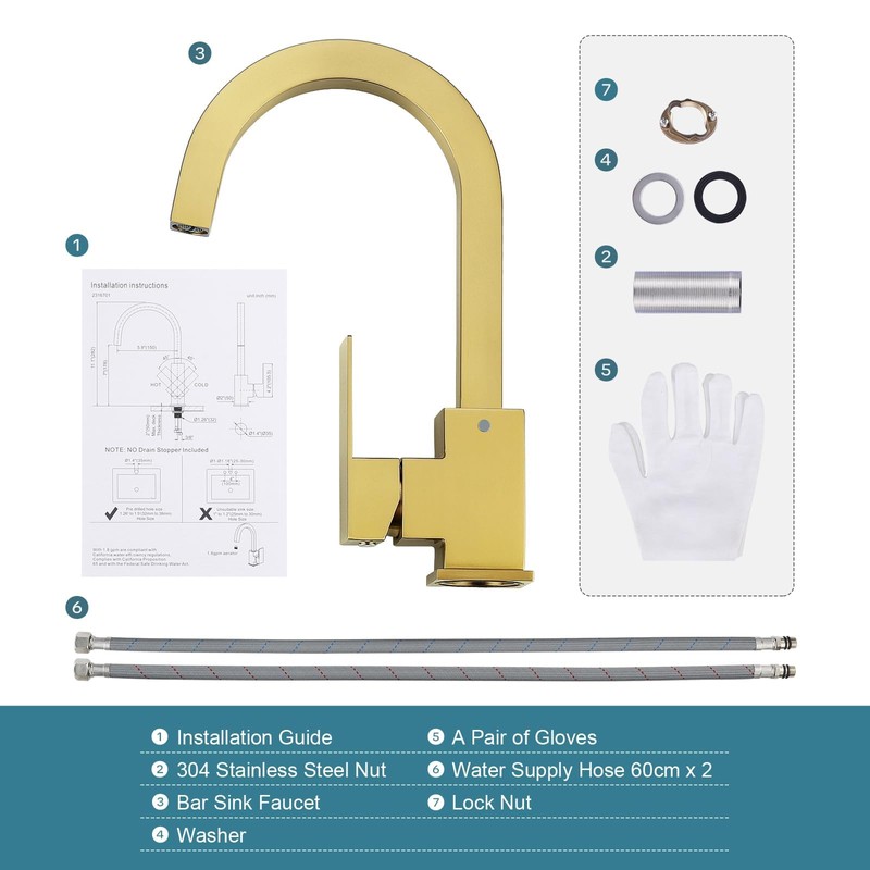 ALEASHA Brushed Gold Bar Sink Faucet, Bar Sink Faucet Single