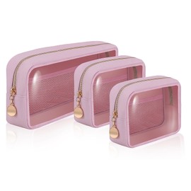 CHICREEN 3 Pack Clear Toiletry Bag,Portable Travel Makeup Bags with Zipper, TSA Approved Clear Organizer Bags,Make Up Pouches, Carry-on Travel Accessories Essentials,Gifts for Women,Pink