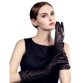 YISEVEN Women’s Long Leather Gloves Opera Length Touchscreen Pleat Detail Lined Genuine Lambskin Winter Cold Weather Accessories for Ladies Dress Driving Evening Party Gifts, Brown Size 7.5 L