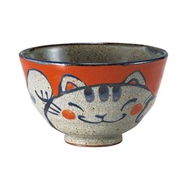 Hasamiyaki 10259 Rice Bowl (Small/Red) Hand-painted Cat Made in Japan