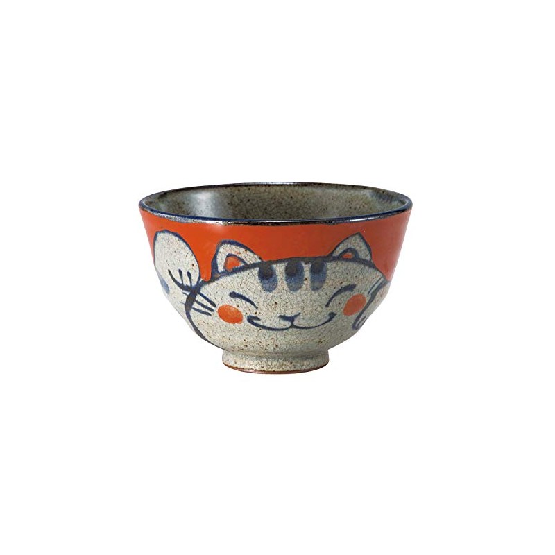 Hasamiyaki 10259 Rice Bowl (Small/Red) Hand-painted Cat Made in Japan