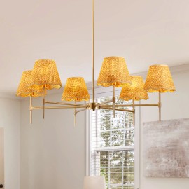 Boho Rattan Chandelier 6-Lights Rustic Industrial Pendant Light Large Adjustable Pendant Lighting Fixtures FovLiving RoomLamp Power(W): 100, Product Size: 95x95x27cm