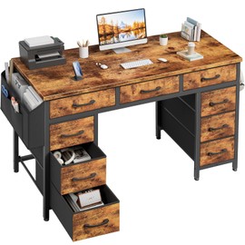 Lufeiya 47 Inch Computer Desk with 9 Drawers, Office Desk Work Desk for Home Office, Study, Writing Desk with Fabric Drawers on Both Sides, Large Storage, Rustic Brown