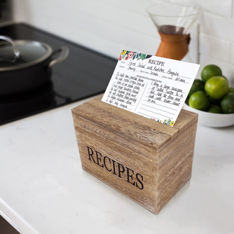 feasteery Recipe Box,100 Recipe Cards with Dividers,100 Card Protectors,Rustic Wood