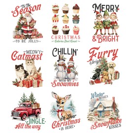 9 Sheets Christmas Iron on Transfers for T-Shirt Christmas Iron on Patches Heat Transfer Design Vinyl Stickers Decals Santa Claus Elk Appliques for Clothing Pillow Covers T-Shirts (Christmas 05)
