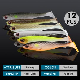 TRUSCEND Soft Fishing Lures 12PCS, Paddle Tail Swimbaits, Fishing Lures for Bass Trout Crappie Walleye, Durable Plastic Bait for Bass Fishing, Shad Fishing Bait for Freshwater Saltwater