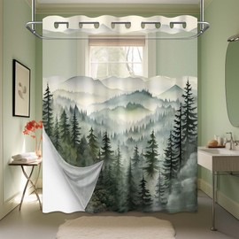 Foggy Mountain Hookless Shower Curtain with Snap in Liner, Nature Woodland Forest No Hook Double Layer Shower Curtain and Liner Set, Ringless with Window Waterproof Cloth Fabric, 71" W x 77" L