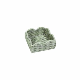 Caspari Rattan Scalloped Cocktail Napkin Holder – Green, Handwoven, Durable 6"W x 6"L x 2.5"H – Holds Paper & Paper Linen Napkins, 1 Count