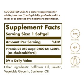 Vitamina D3 250mcg 10000iu 120caps Veganos Solgar Sabor Neutro