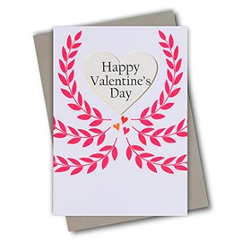 Claire Giles Greeting Cards, Happy Valentine's Day Card, Pink Crown of Leaves, Greeting Card with a See-Through Heart Shaped Window