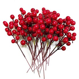 SLXDEX 24 pcs Red Holly Berry Stem Picks - Decorative Wire Stem Branch Sprays for Christmas Tree Decoration, Holiday Decor, Silk Flower Arrangements, Home DIY Crafts (24, 6.7inch)