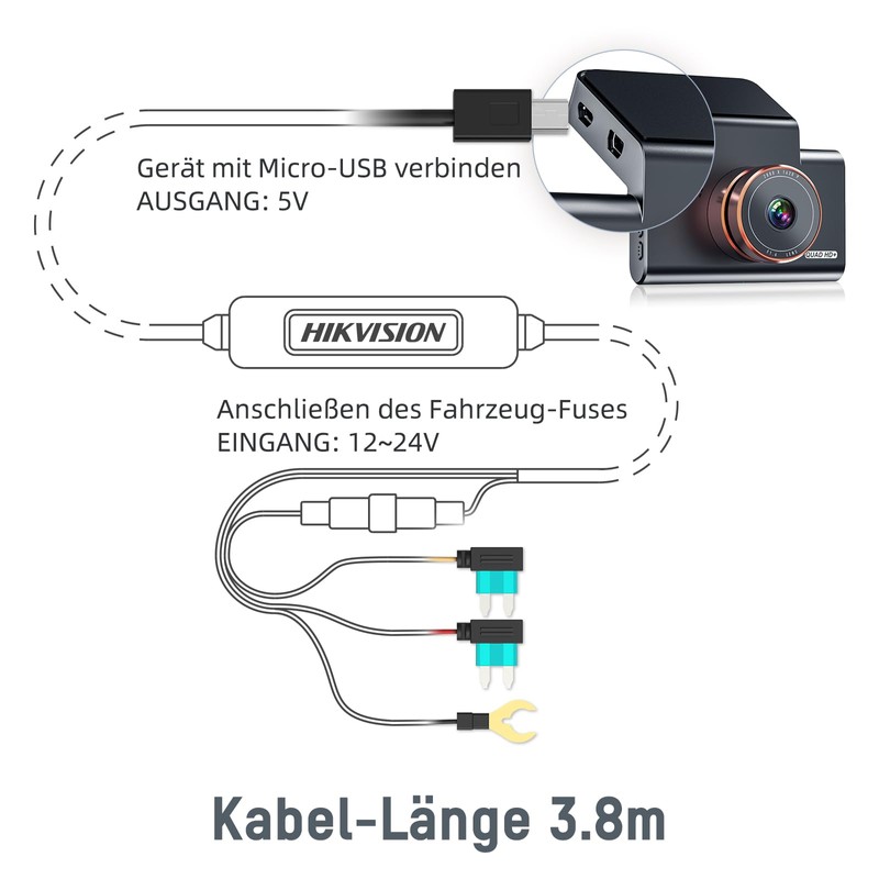Hikvision C6PRO Buckline, Micro Hardwire-Kit, 12.5ft/3.8 Meter Auto-Ladekabel-Kabel, Parküberwachung mit